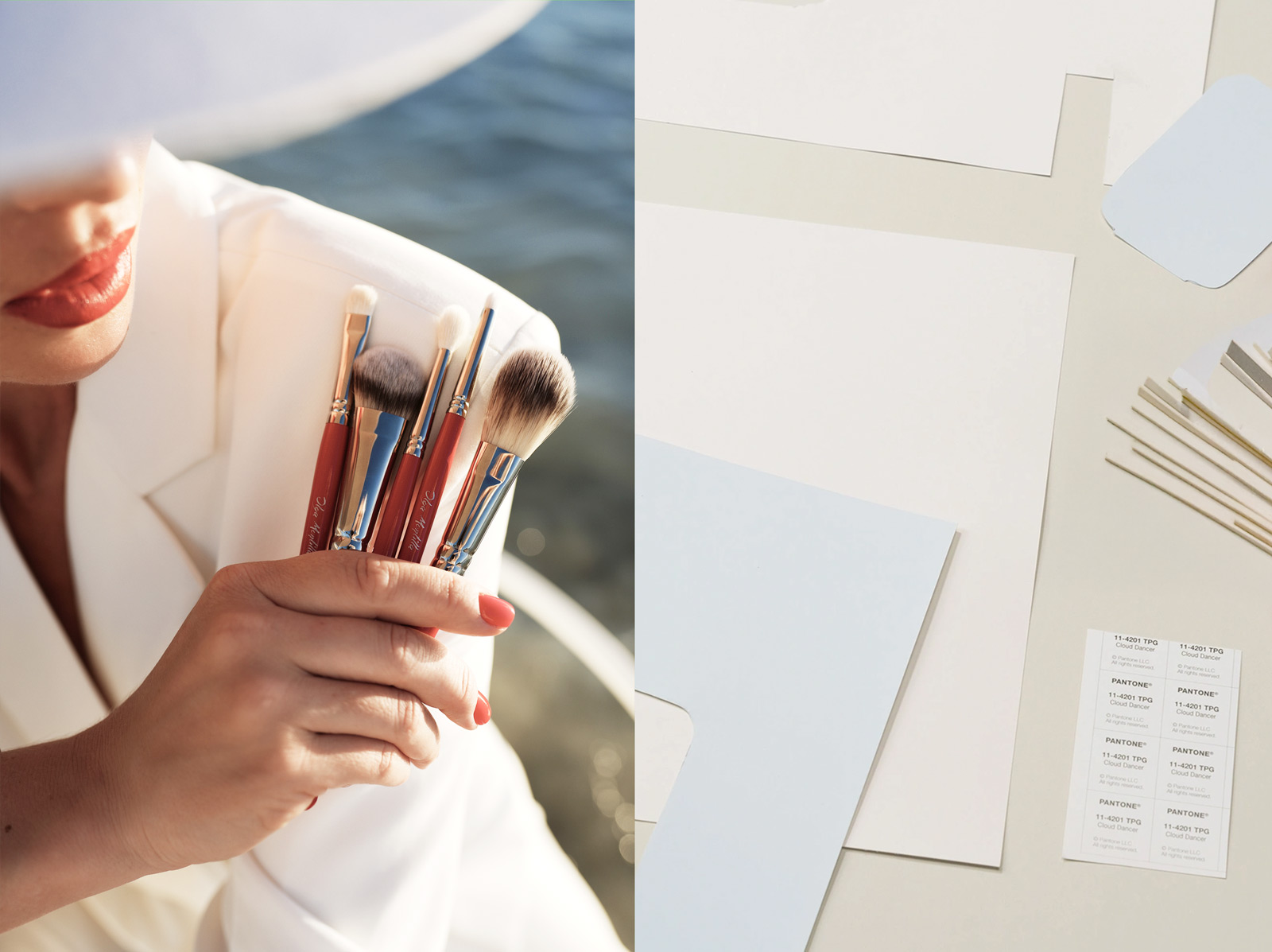 olga montilla brushes alongside pantone cloud dancer